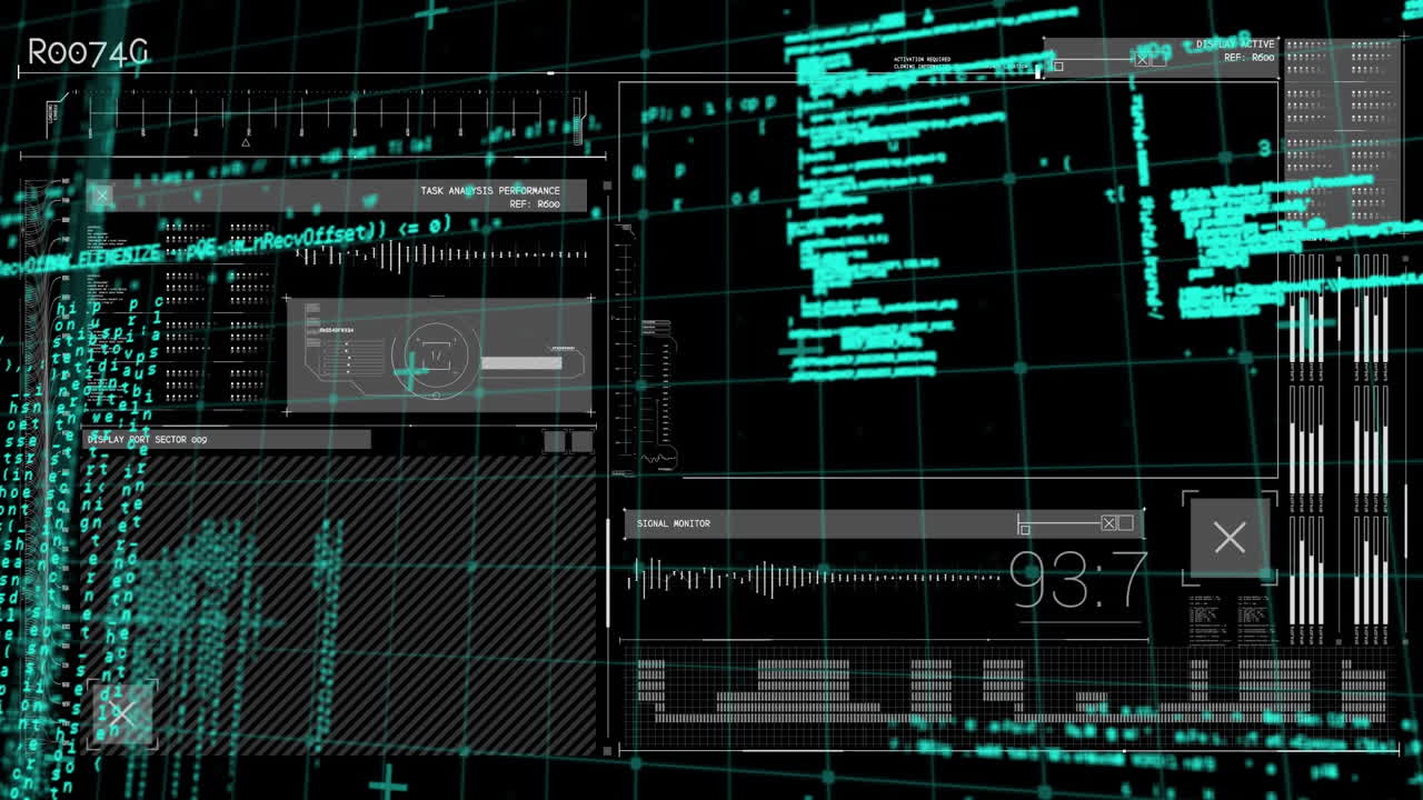 Animation of science data processing over dark background