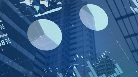 animation of infographic interface over low angle view of modern buildings against sky