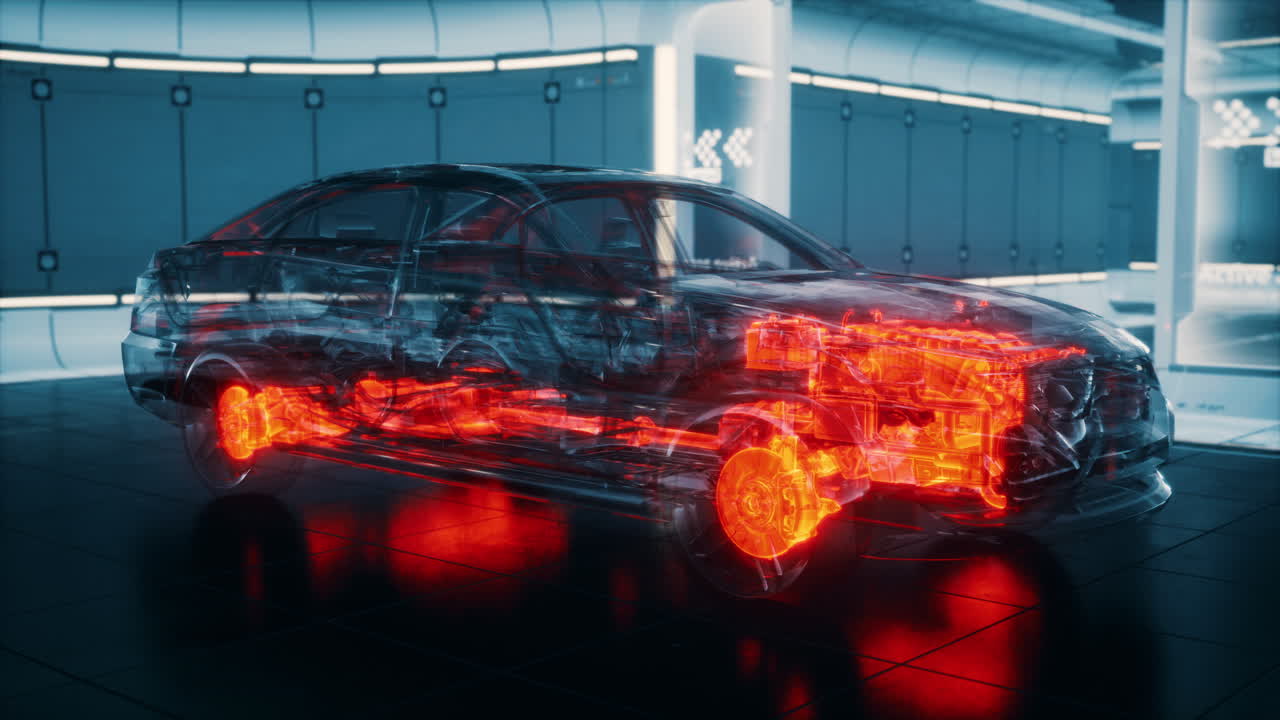 실험실에서 엔진이 있는 투명한 자동차