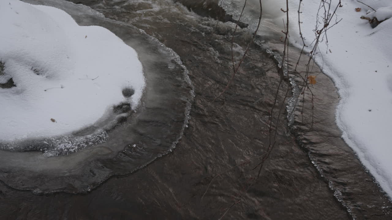 Motivi di ghiaccio traslucido e scioglimento dell'ultima neve lungo la sponda di un fiume alla fine dell'inverno, mentre un lento movimento della camera rivela trame dettagliate durante la transizione finale verso la primavera