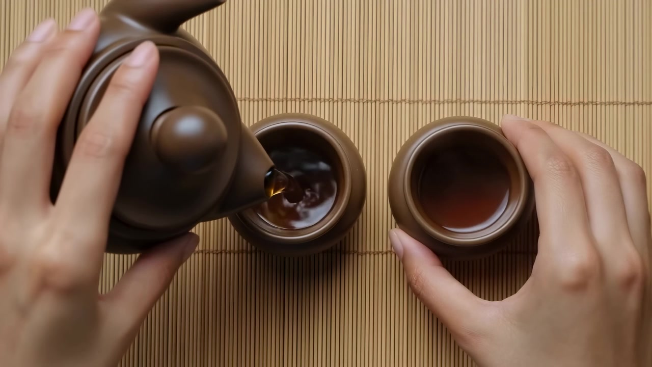 Tè versato in tazze su una superficie in legno, con teiera e tazze, da una prospettiva dall'alto, con accenti marroni e marrone rossiccio, e un'atmosfera rilassata e serena, con oggetti nelle vicinanze.
