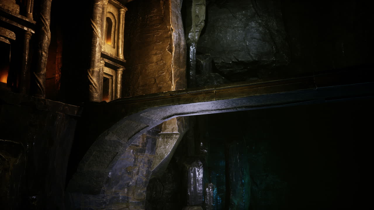 viejo puente de piedra dentro de una cueva grande