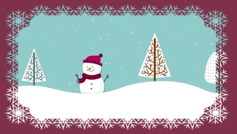 Animation-of-winter-scenery-with-happy-snowman-and-trees-with-red-christmas-pattern-frame