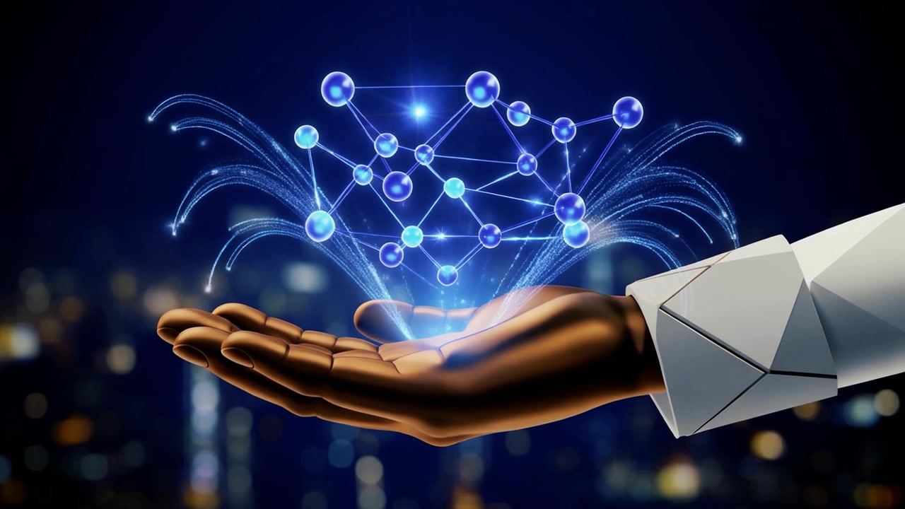 Koneksi Jaringan Digital Mengambang di Atas Tangan Metalik