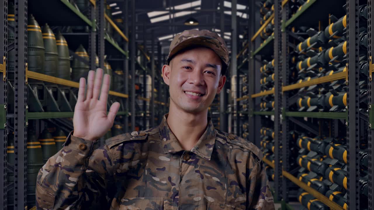 Primo piano di un soldato asiatico che sorride, saluta con la mano e dice addio mentre si trova in un magazzino di munizioni militari