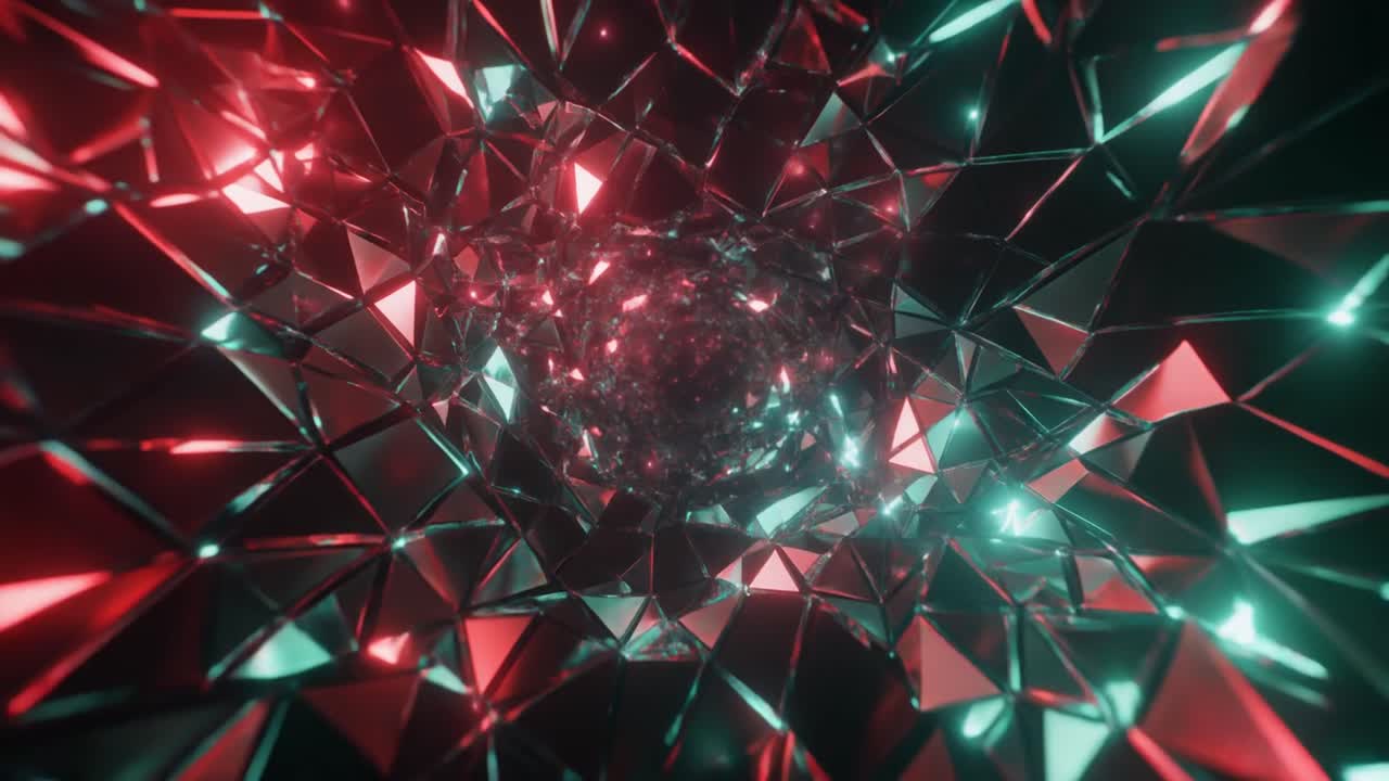 Tunnel astratto futuristico con triangoli luminosi rossi e verde acqua.