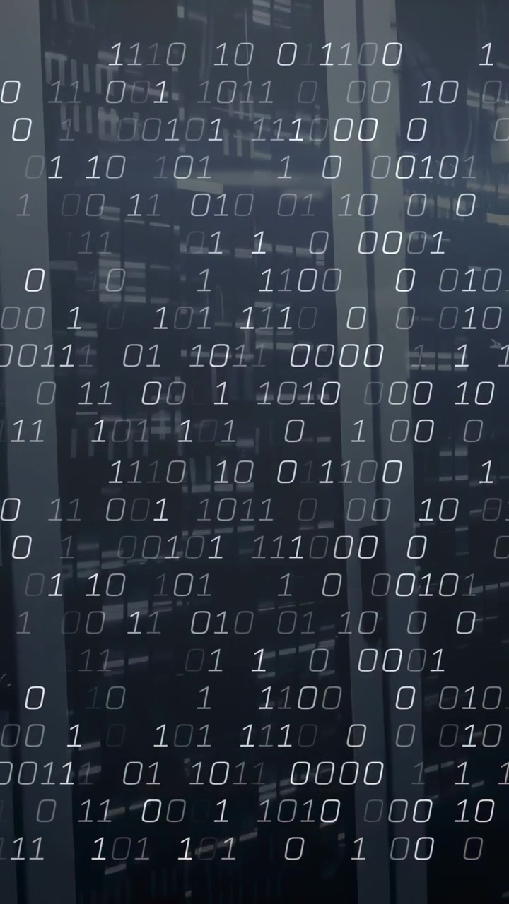 Vertical video: Network pulse starting binary stream sliding over racks, showing growing data flow