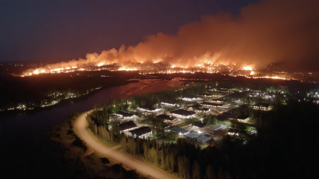 Nighttime Wildfire Engulfs Forested Area, Illuminating the Skies with Fiery Glows While Nearby Structures Remain Lit in Contrast Against the Golden Inferno