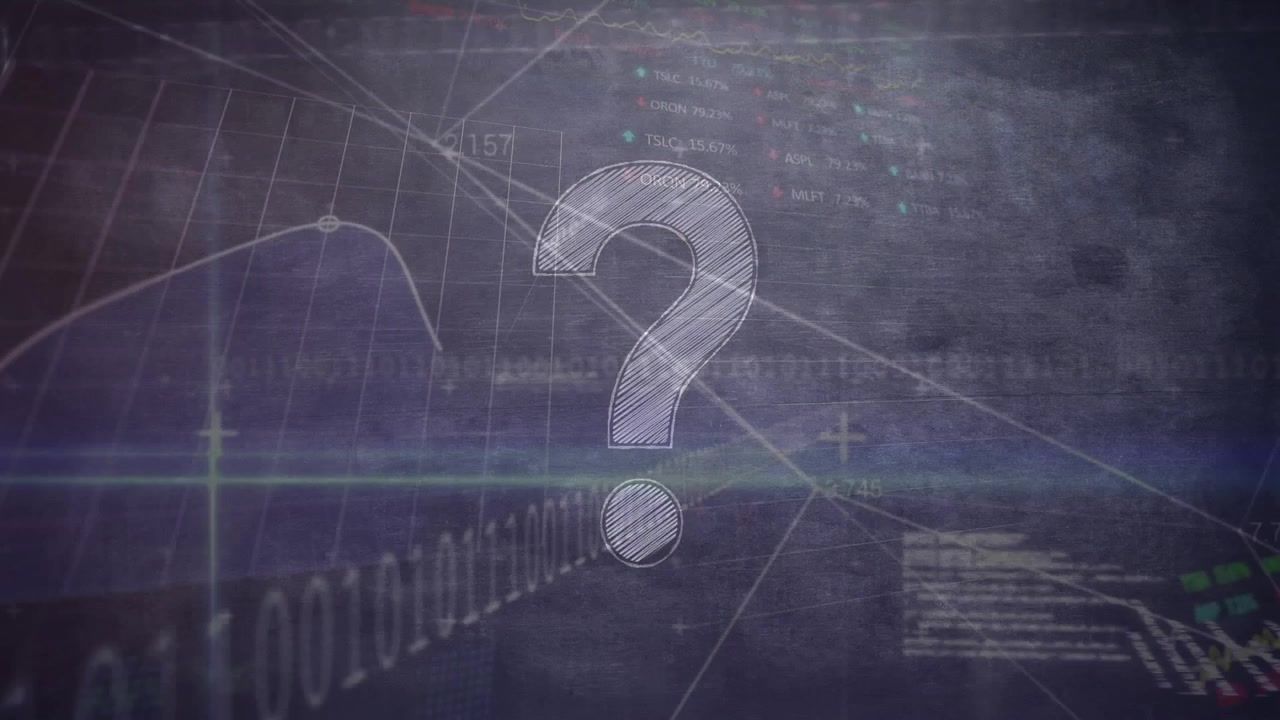 Digital Question Mark Symbol Overlaid on Financial Data and Stock Market Charts