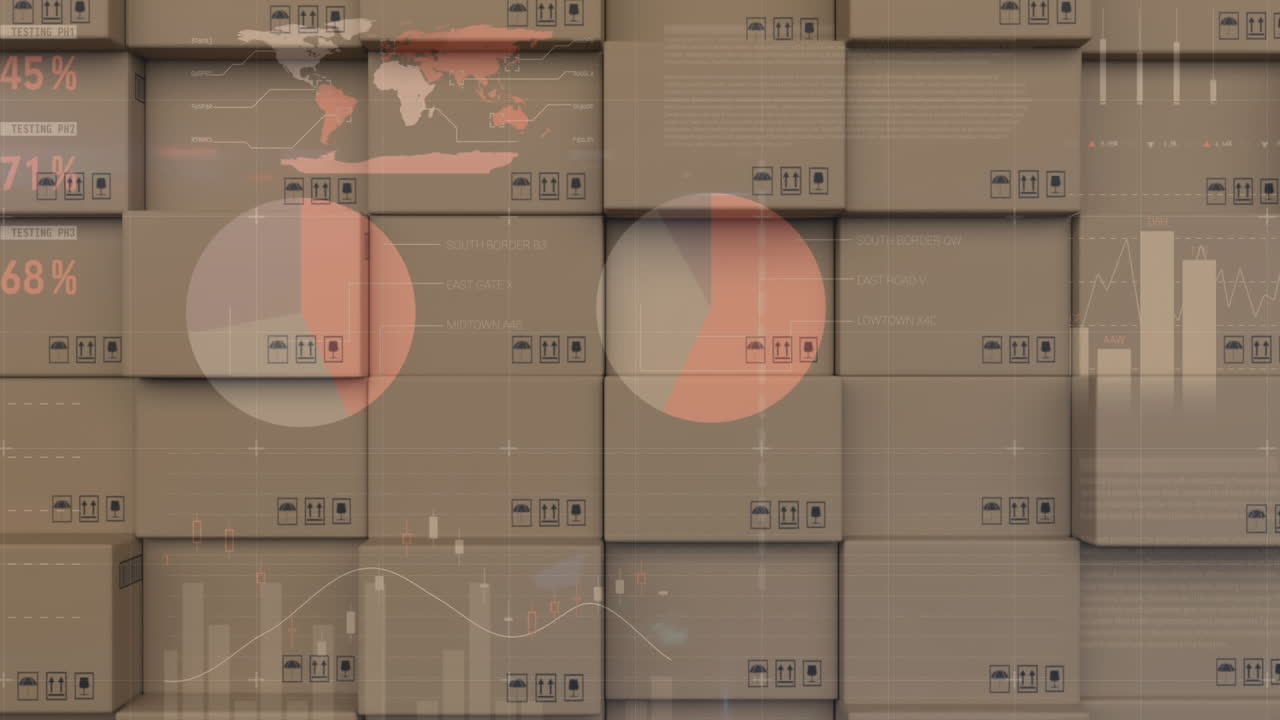 animación del procesamiento de datos financieros sobre una pila de cajas de cartón