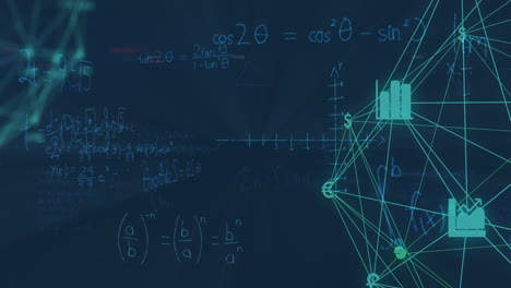 globe of digital icons against mathematical equations