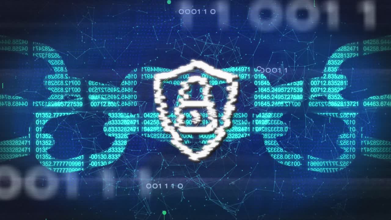 animación de un escudo digital con candado y cadena de bloques sobre código binario y fondo naval