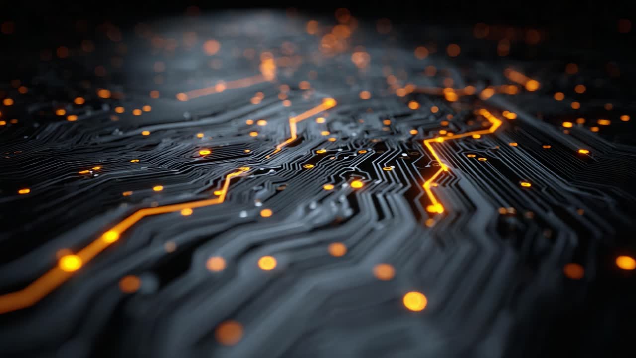 Abstract Circuitry Design with Illuminated Patterns and Flowing Connections, Showcasing the Intricacies of Modern Technology and Digital Innovation in a Futuristic Aesthetic