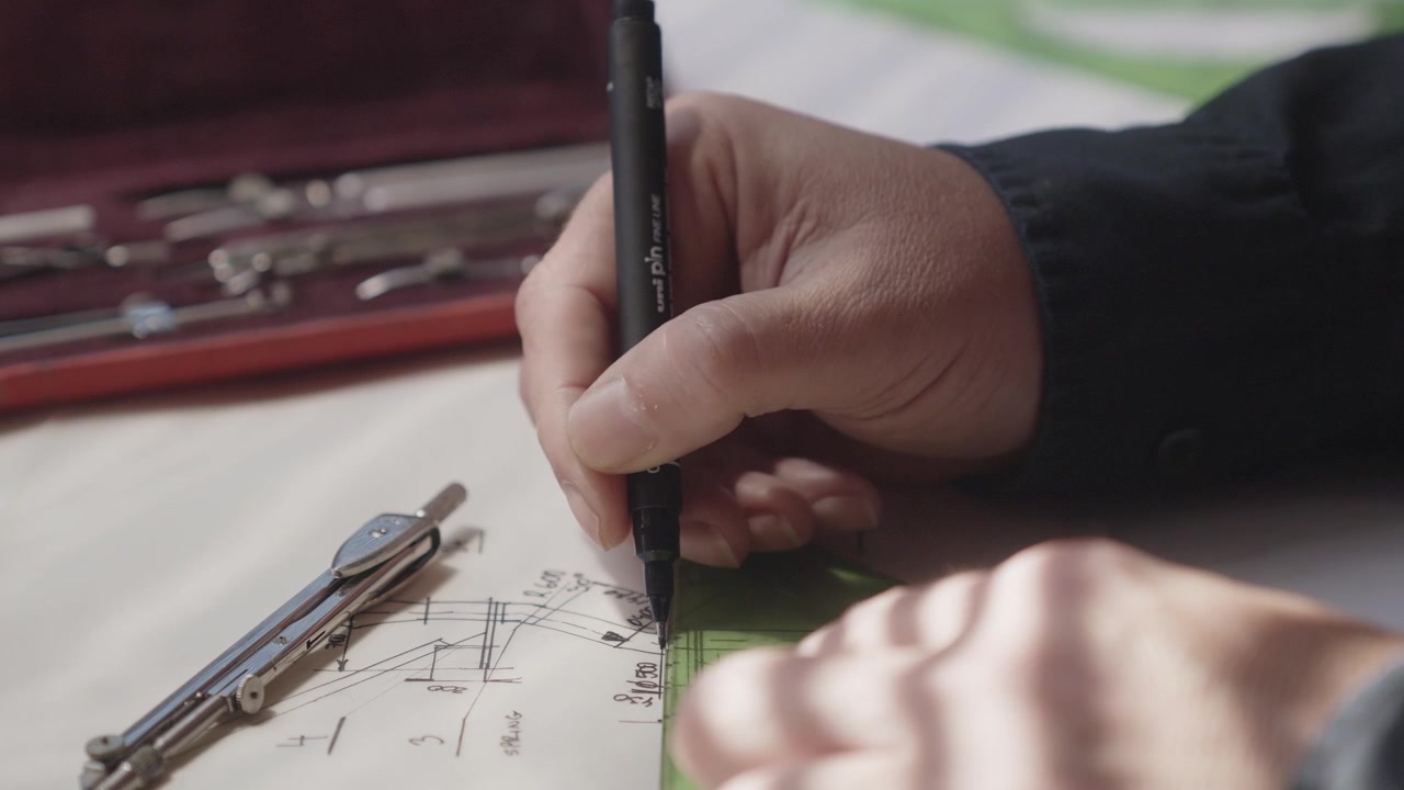 A skillful architect focuses on a technical project plan at their studio desk, using manual precision tools. Perfect for stories of engineering, design expertise, and traditional craftsmanship.