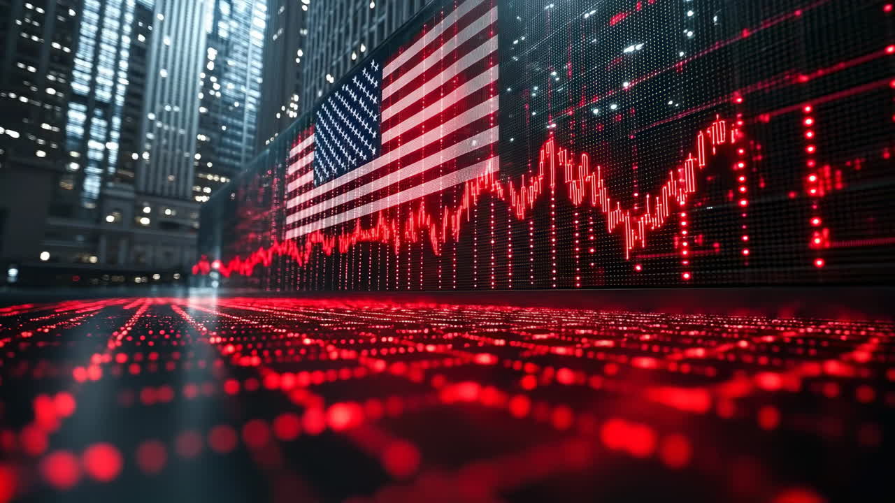 Markedstendenser med flag. Røde aktiemarkedstendenser med et amerikansk flag i baggrunden, der viser finansiel aktivitet i et urbant miljø