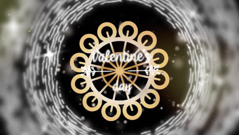 animation of valentine's day text over gold and white circular shapes on black background