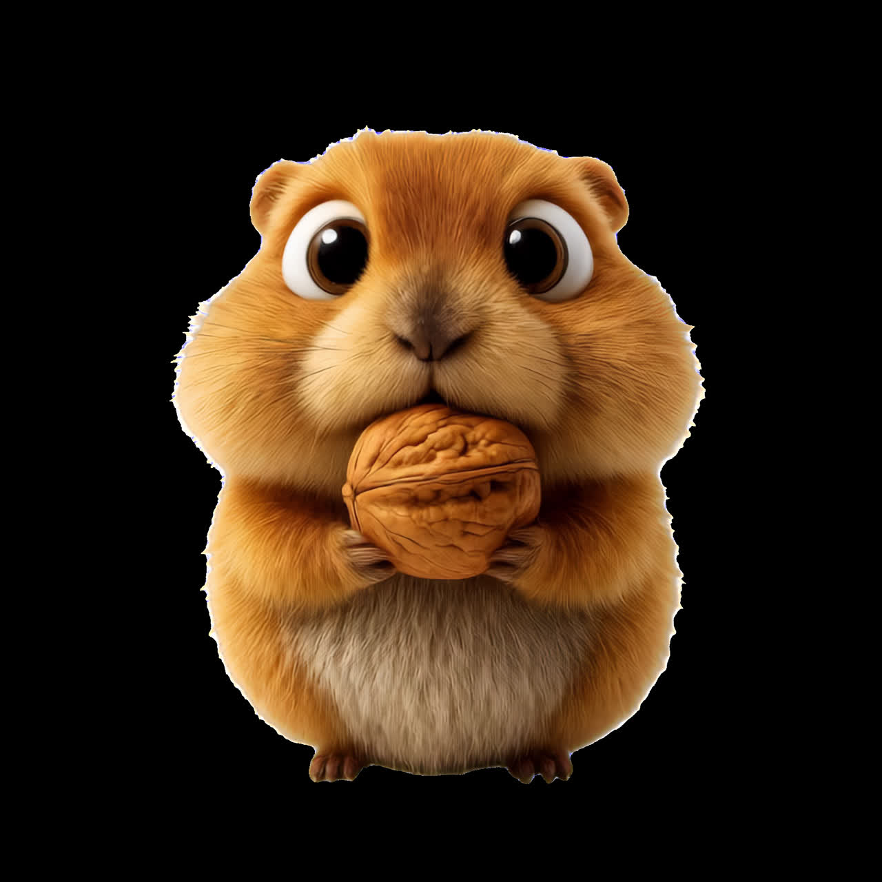 Søt hamster som holder valnøtt, animert isolert element, transparent 4K-video, alfakanal, ProRes