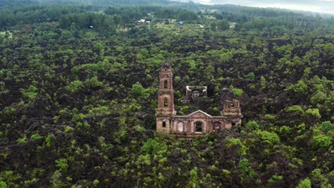 high orbit of san juan quemado destroyed church ruins in paricutin volcano