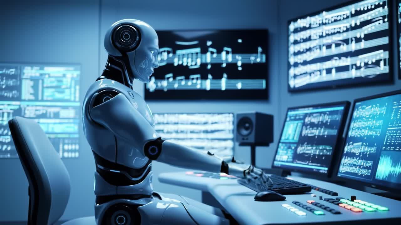 A robot is seen at a workstation in a modern studio, composing music with multiple screens displaying musical notes and visualizations.