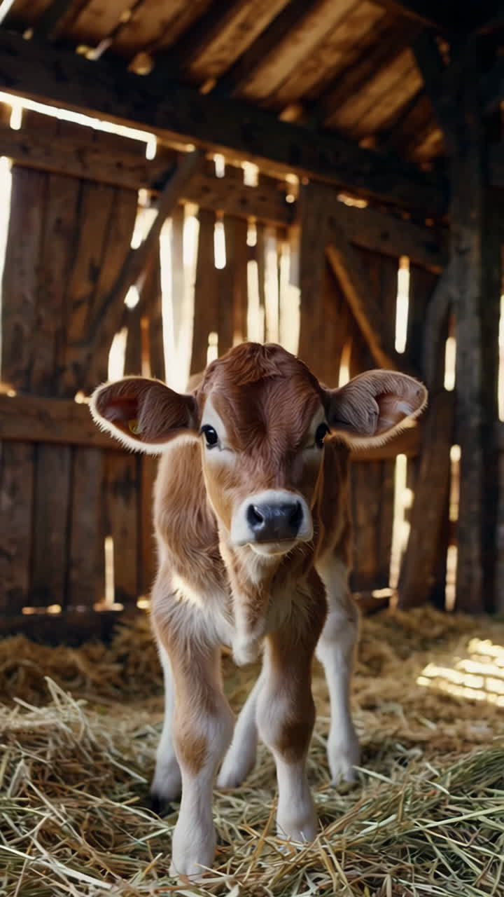 A Young Calf Standing in a Barn on Hay