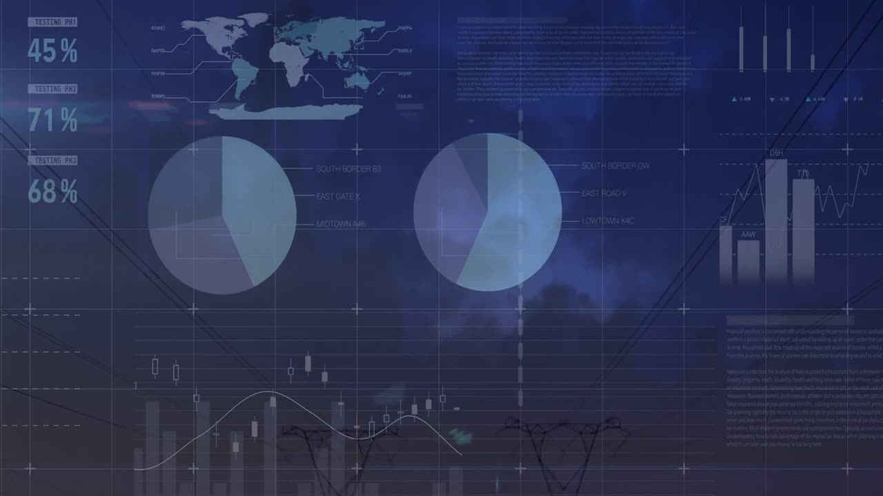 Animation of statistical data processing over network towers against sunset sky