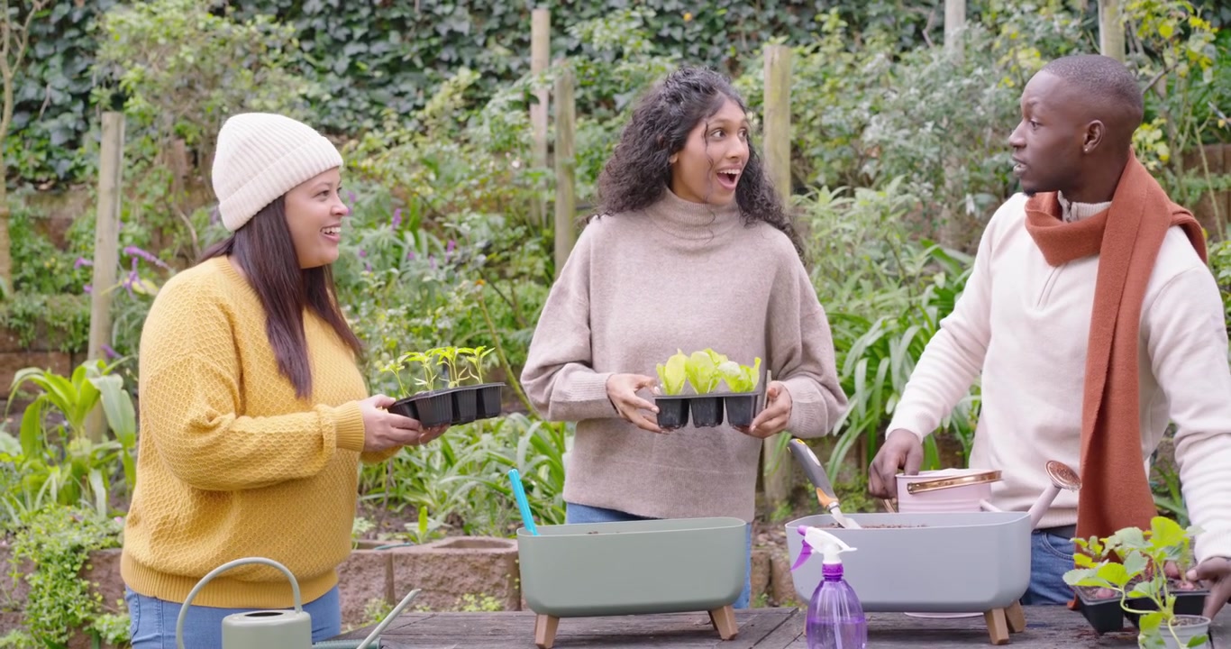 Diverse trio preparing plants at table center pointing urging cutting and watering with pink can