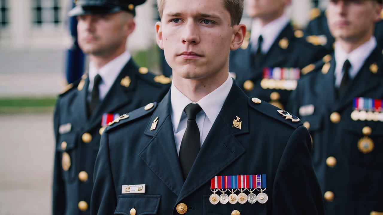 Young men in military uniforms standing in formation