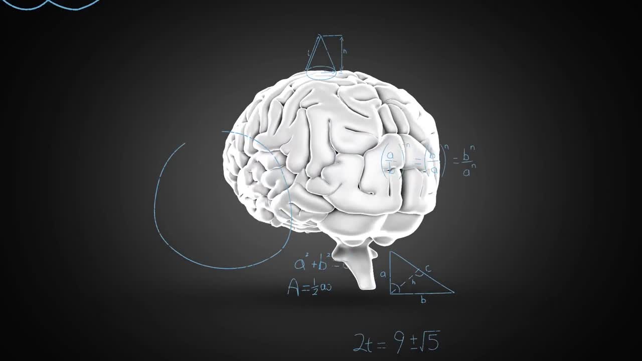Animation of human brain spinning and mathematical formulae on black background