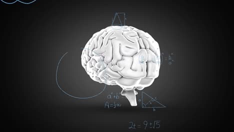 animation des menschlichen gehirns und mathematische formeln auf schwarzem hintergrund.