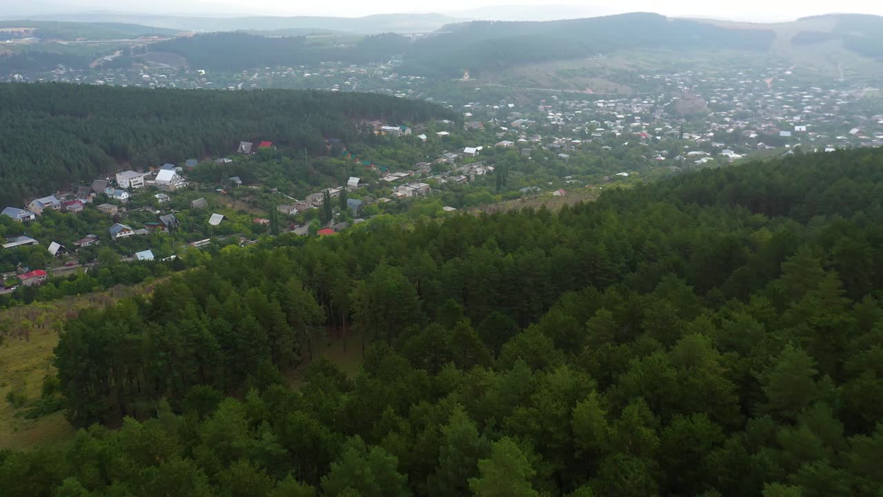 Gürcistan'ın Sairme bölgesindeki dağ ormanlarında yoğun yapraklı bitki örtüsünün drone görüntüsü.