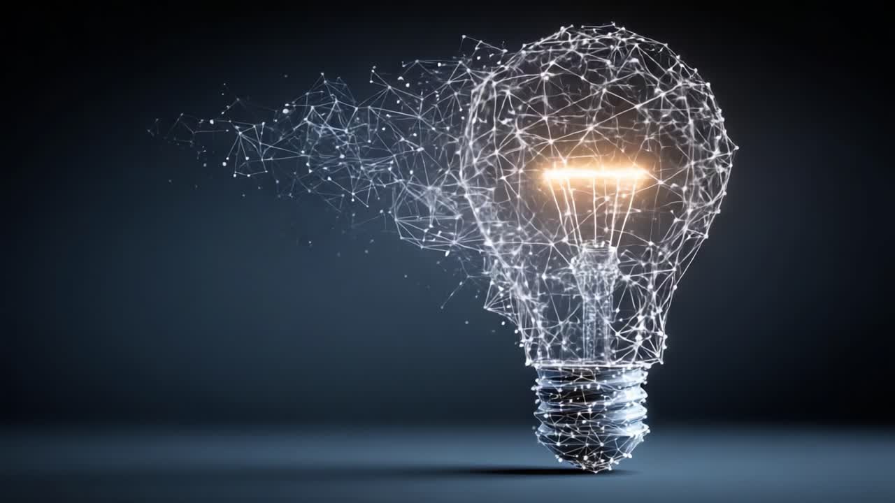 Una lampadina splendidamente frantumata che rappresenta idee innovative e creatività con una straordinaria rete di particelle di luce che enfatizza l'illuminazione e il design moderno.