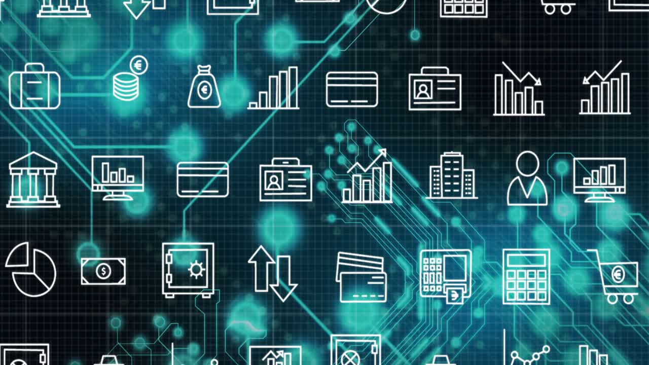 Initial activating finance icon grid scrolling left, teal circuits flickering visualizing data flow