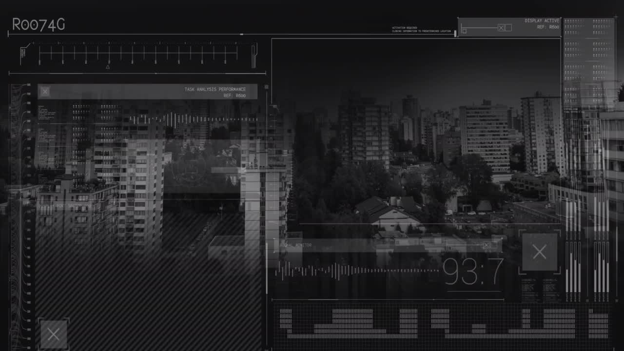 도시 풍경 위의 데이터 처리 애니메이션