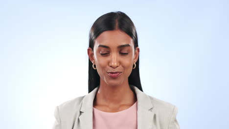 Face,-peace-and-business-woman-with-sign-in-studio