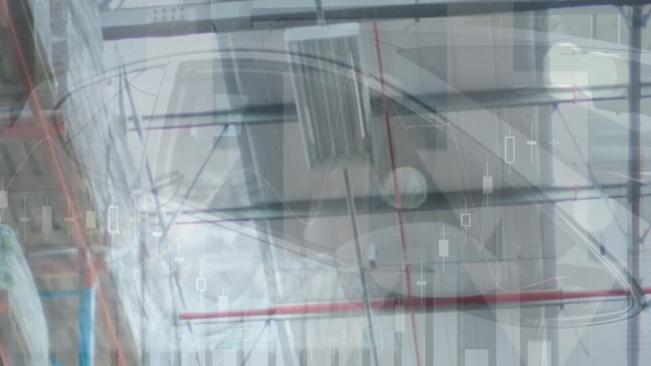 Animation of statistical data processing over warehouse against a person sitting in a car