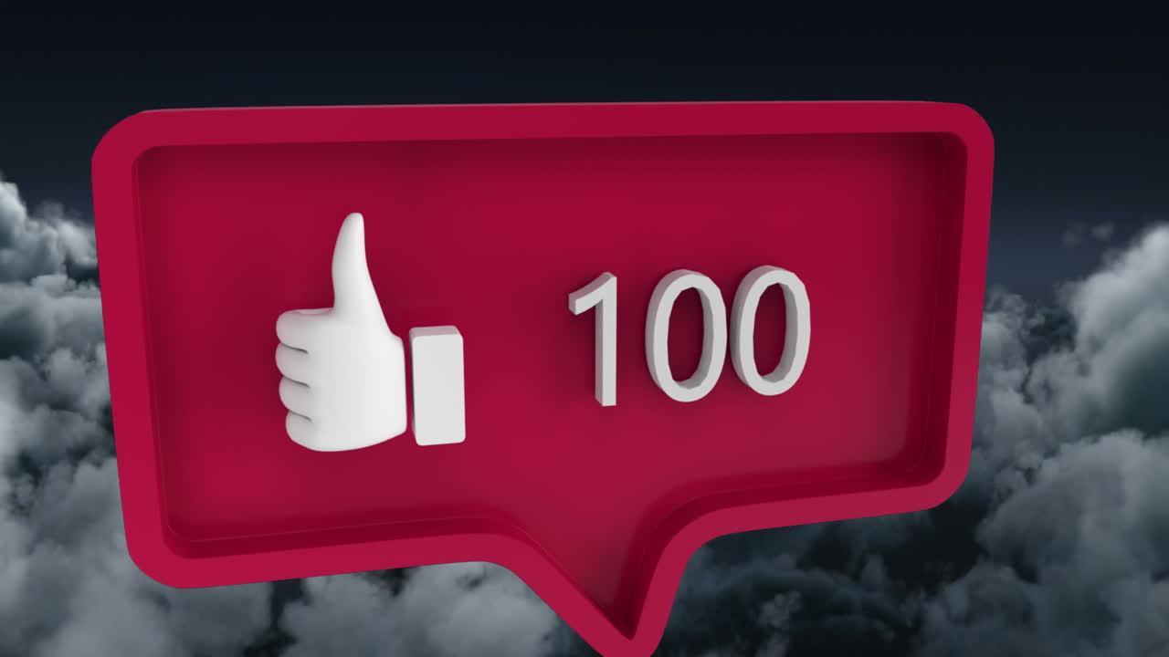Animation of speech bubble with numbers and like icon over clouds
