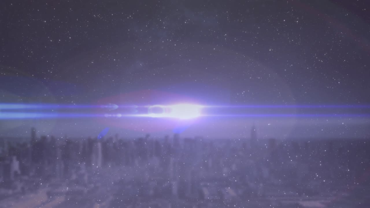 Animation of glowing spot disappearing over city horizon line with night sky with stars