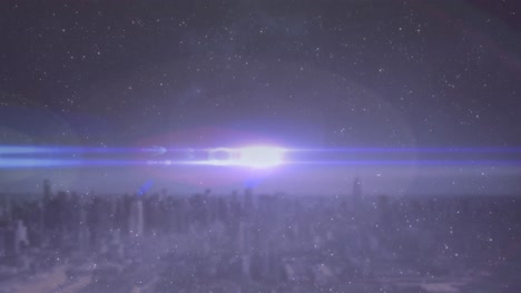 animación de un punto brillante que desaparece sobre la línea del horizonte de la ciudad con el cielo nocturno con estrellas