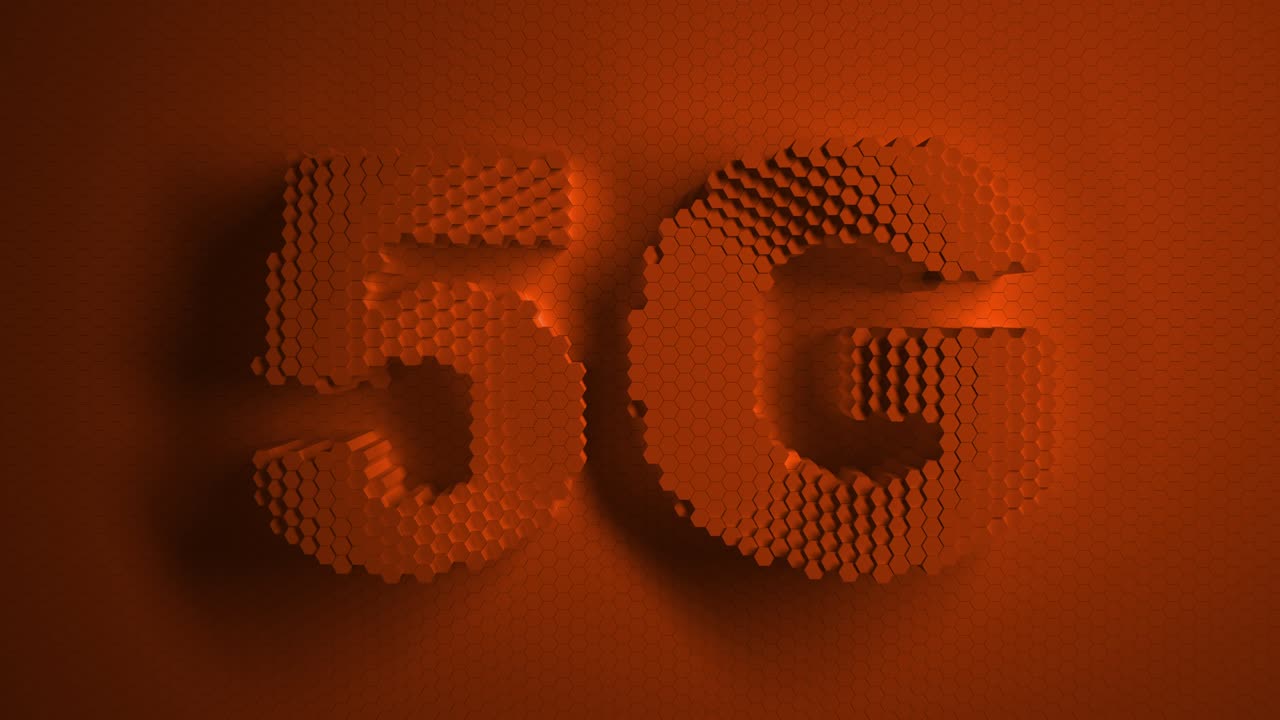 5G technology. orange mosaic surface with moving hexagons. Logo, text. Internet, telecommunications. Cells. Wave. the 4k loop. animation for a business presentation