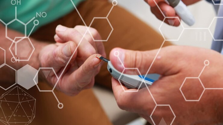 Animation of chemistry formulas test over patient using glucose meter
