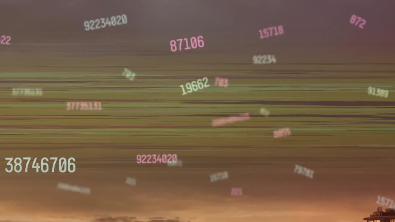 Animation of numeric data processing over city skyline at sunset with flickering lines of light