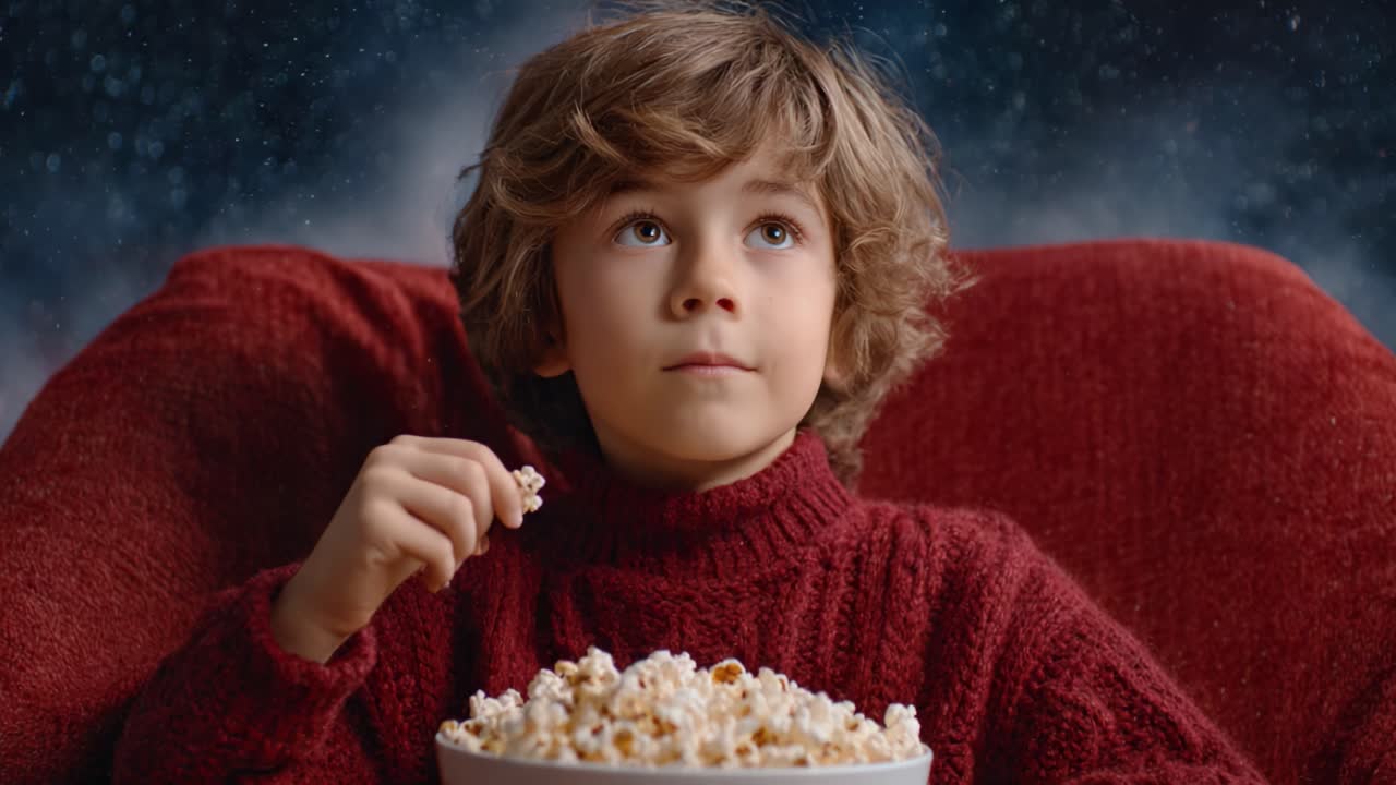 A Young Boy Enjoying a Bowl of Popcorn While Watching a Movie, Captivated by the Experience in a Cozy Setting Surrounded by Stars