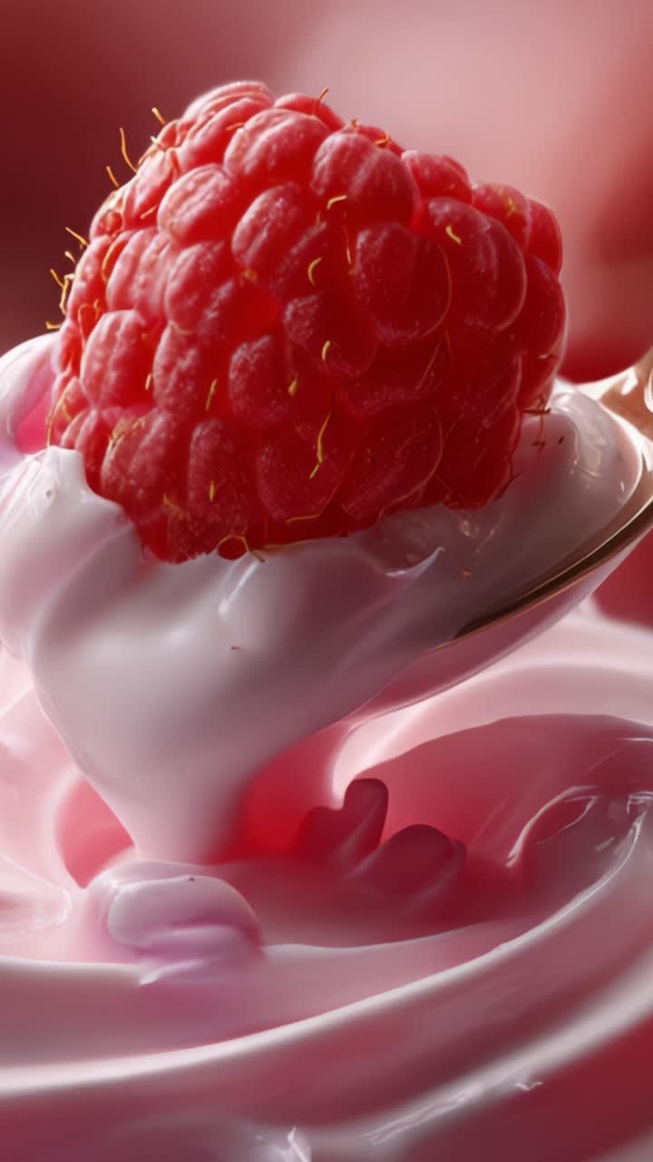 Delicious Raspberry Topped Creamy Yogurt in a Golden Spoon, Showcasing Its Smooth Texture and Rich Pink Color, Perfect for a Sweet Treat or Dessert Indulgence
