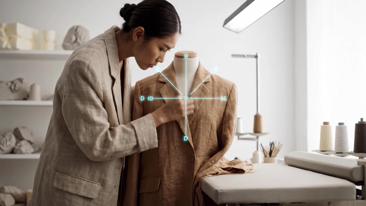 A skilled tailor adjusts a sophisticated brown suit jacket on a mannequin in a well-lit design studio, showcasing artistry in fashion and craftsmanship.