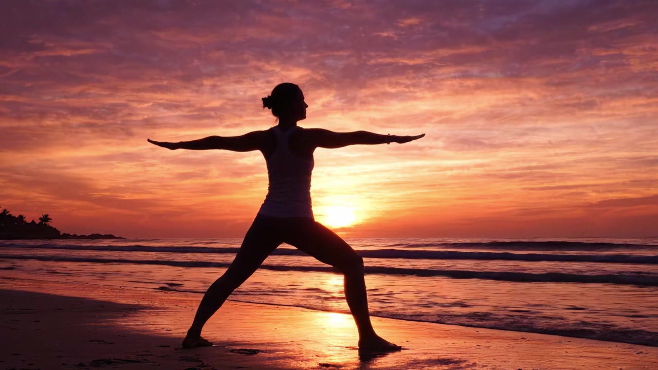 Yoga sereno al tramonto: una silhouette tranquilla che pratica equilibrio e forza su una spiaggia al crepuscolo, abbracciando la calma e la bellezza della natura.