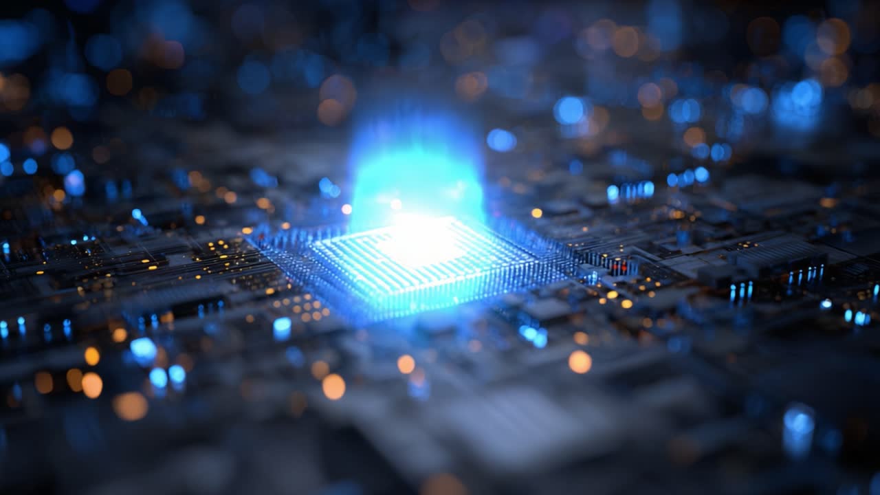 Central processing unit sending a digital stream of data, representing the future of technology and artificial intelligence, with blue and orange light signals traveling across the circuit board