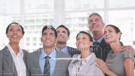 animation of data on digital screen over happy caucasian businesspeople looking up in office