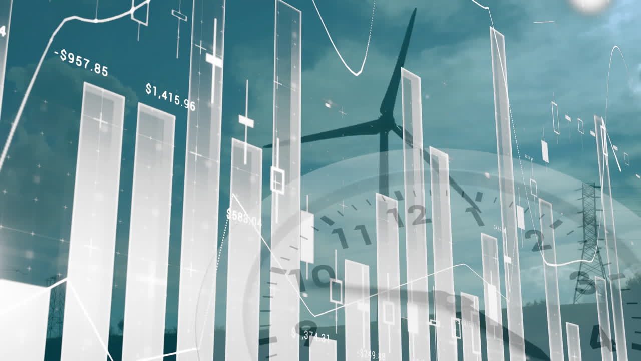 Animation of statistic charts over wind turbine in field