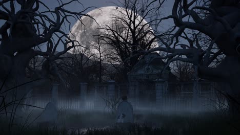 halloween haunted graveyard inside dark woods forest at night time, with grave stones, cat on grave, skull, bones, mist, full moon and creepy trees 3d animation static camera