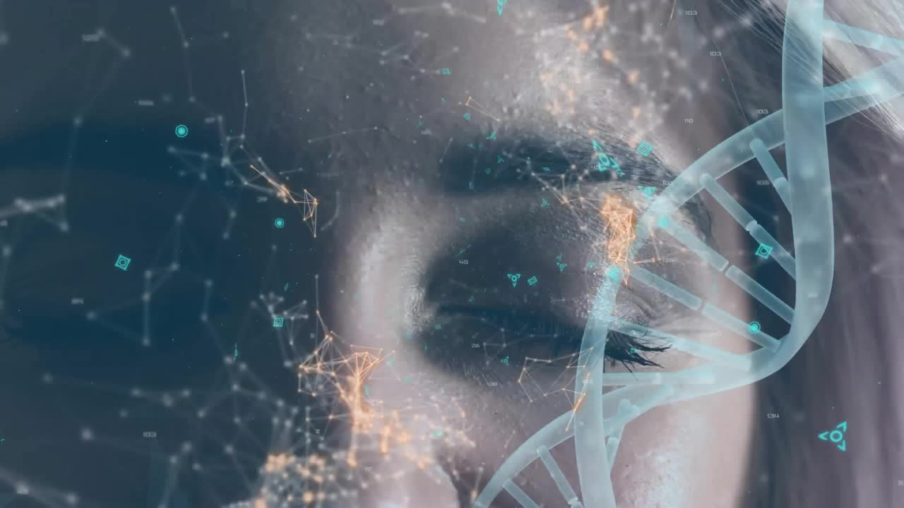 animación de la red de conexiones y cadena de adn sobre mujer caucásica
